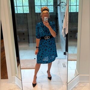 Vintage 80s Electric Blue Abstract Print Midi Dress Medium Statement Power Dress